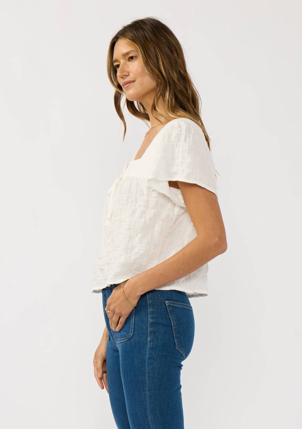 Square Neck Puff Sleeve Gauze Top