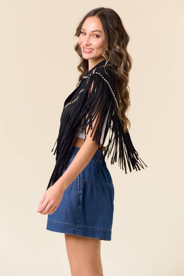 SIJ5338A BLACK STUDDED FRINGE SHRUG