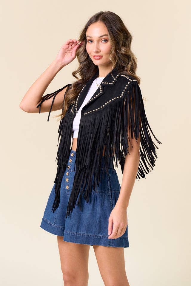 SIJ5338A BLACK STUDDED FRINGE SHRUG
