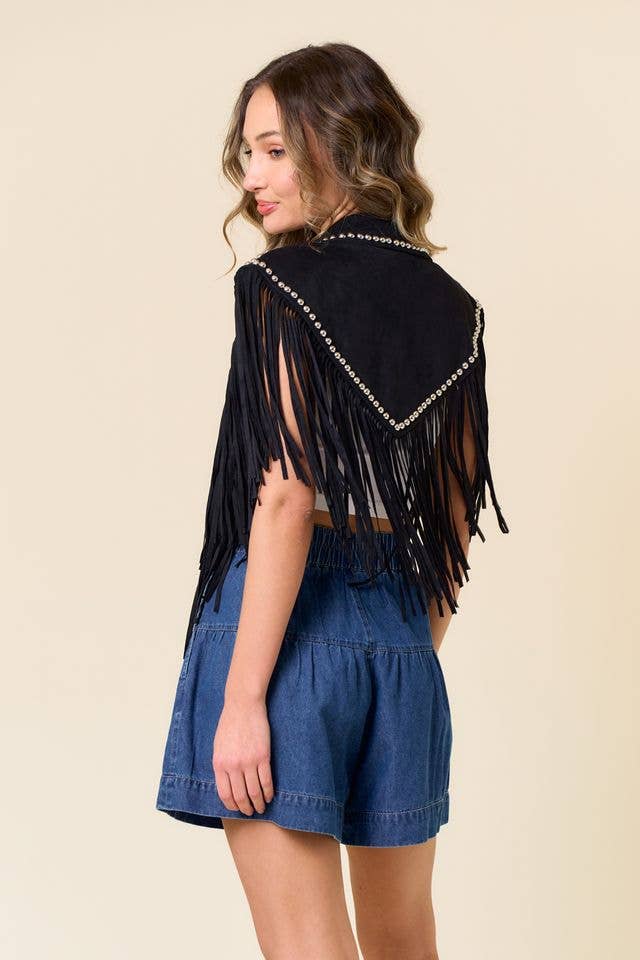 SIJ5338A BLACK STUDDED FRINGE SHRUG