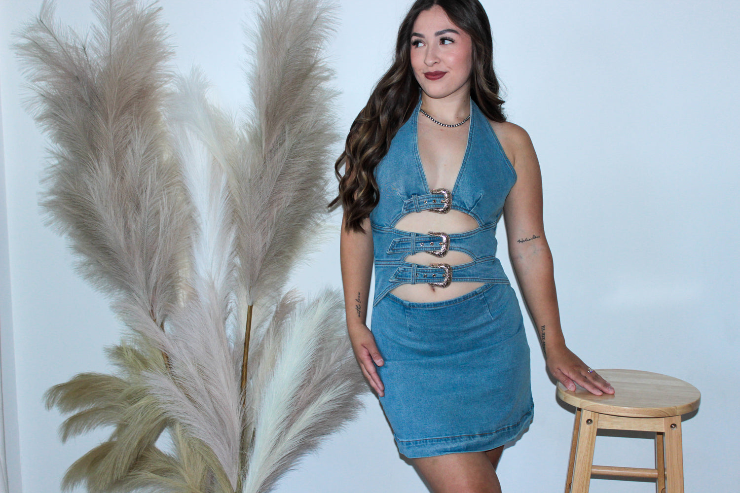Halter Buckle Cutout Denim Dress