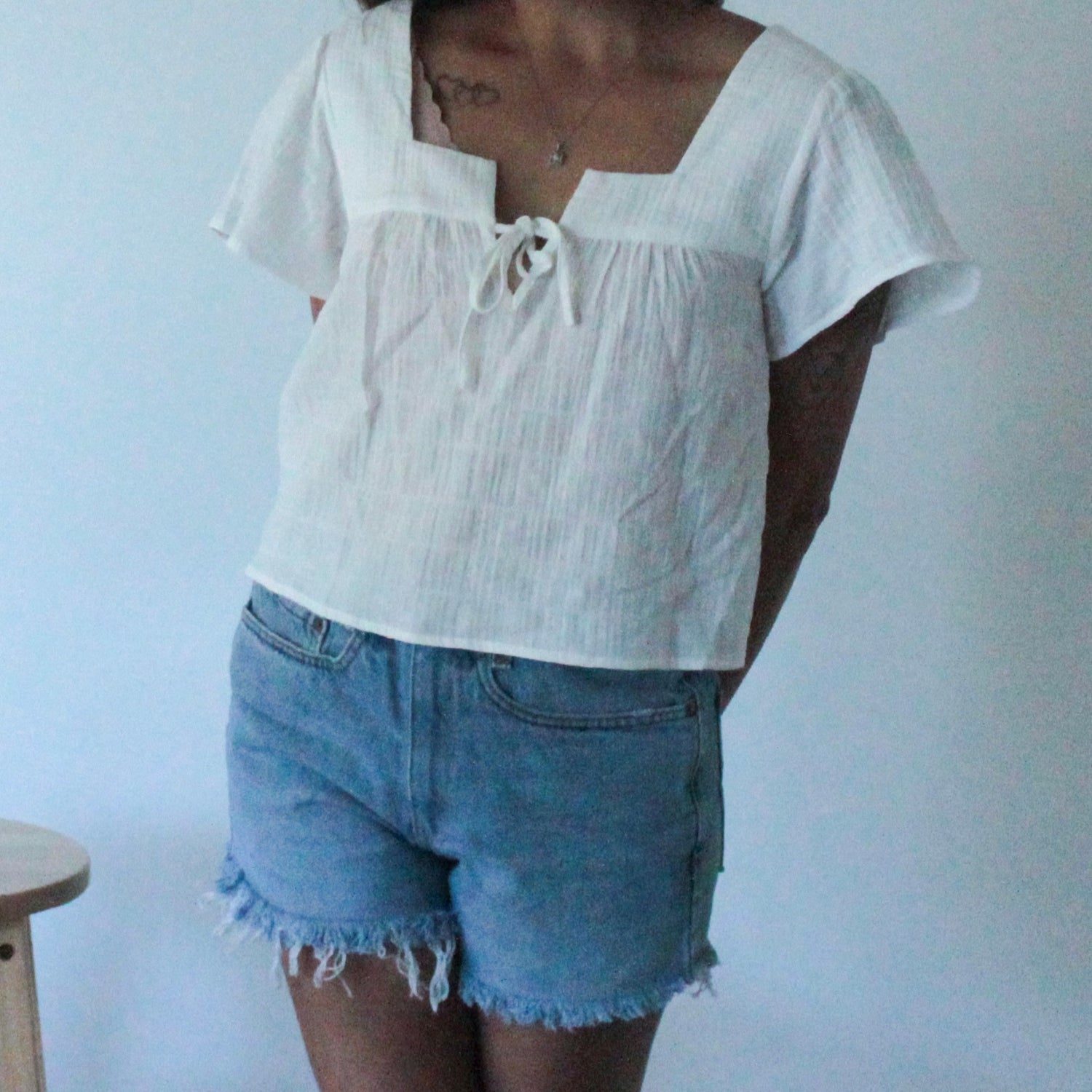 Square Neck Puff Sleeve Gauze Top