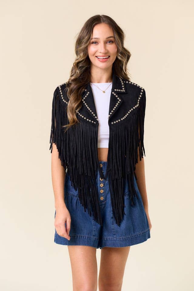 SIJ5338A BLACK STUDDED FRINGE SHRUG