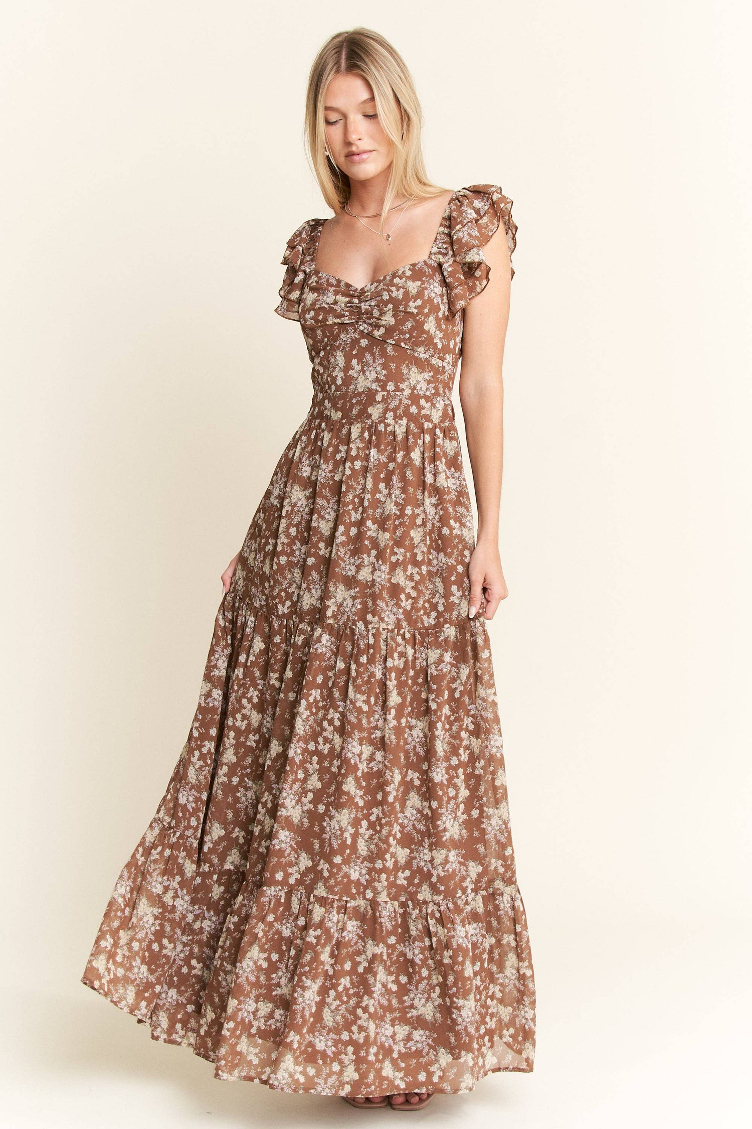 PLUS SIZE RUFFLE SLEEVE TIERED MAXI DRESS