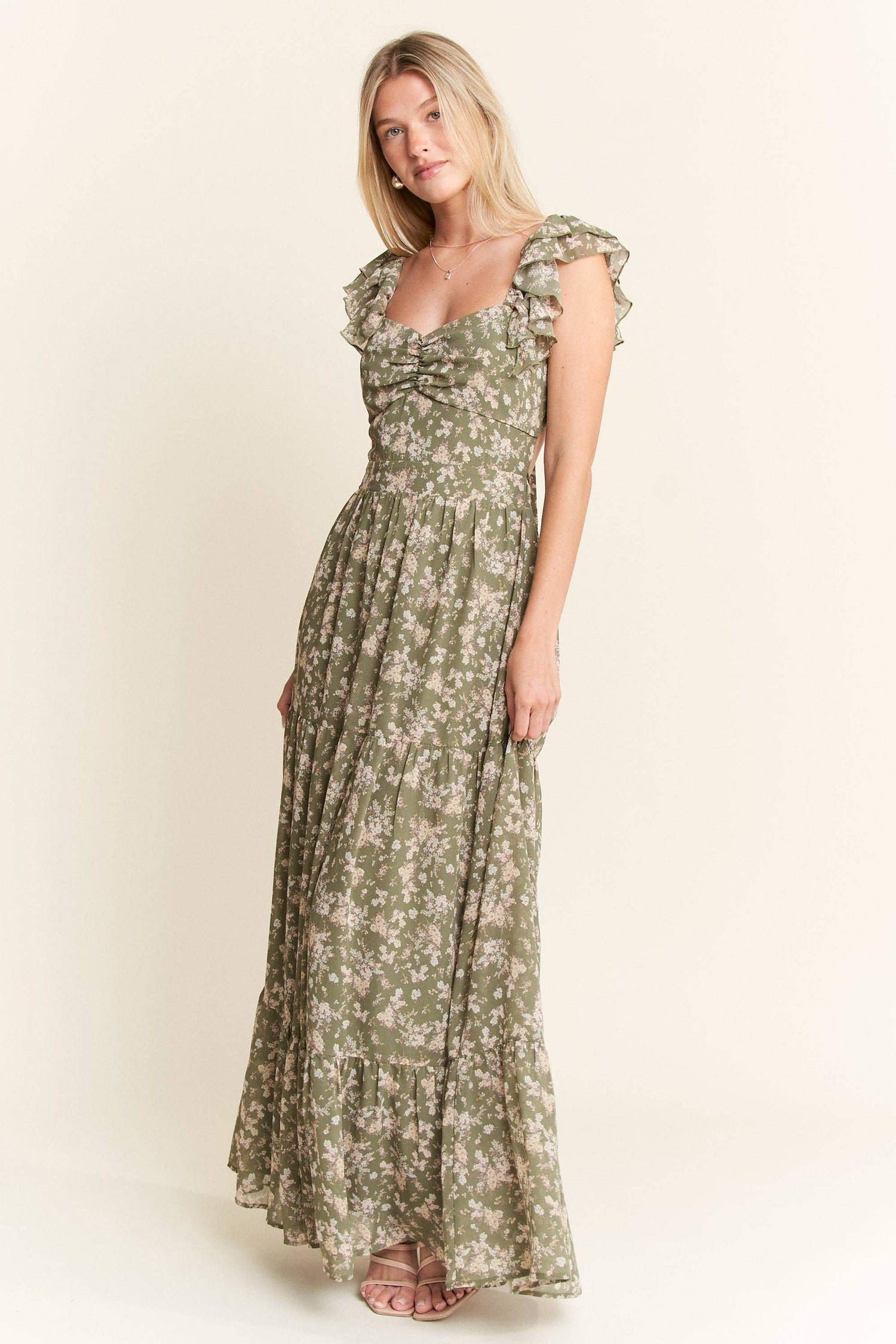 PLUS SIZE RUFFLE SLEEVE TIERED MAXI DRESS