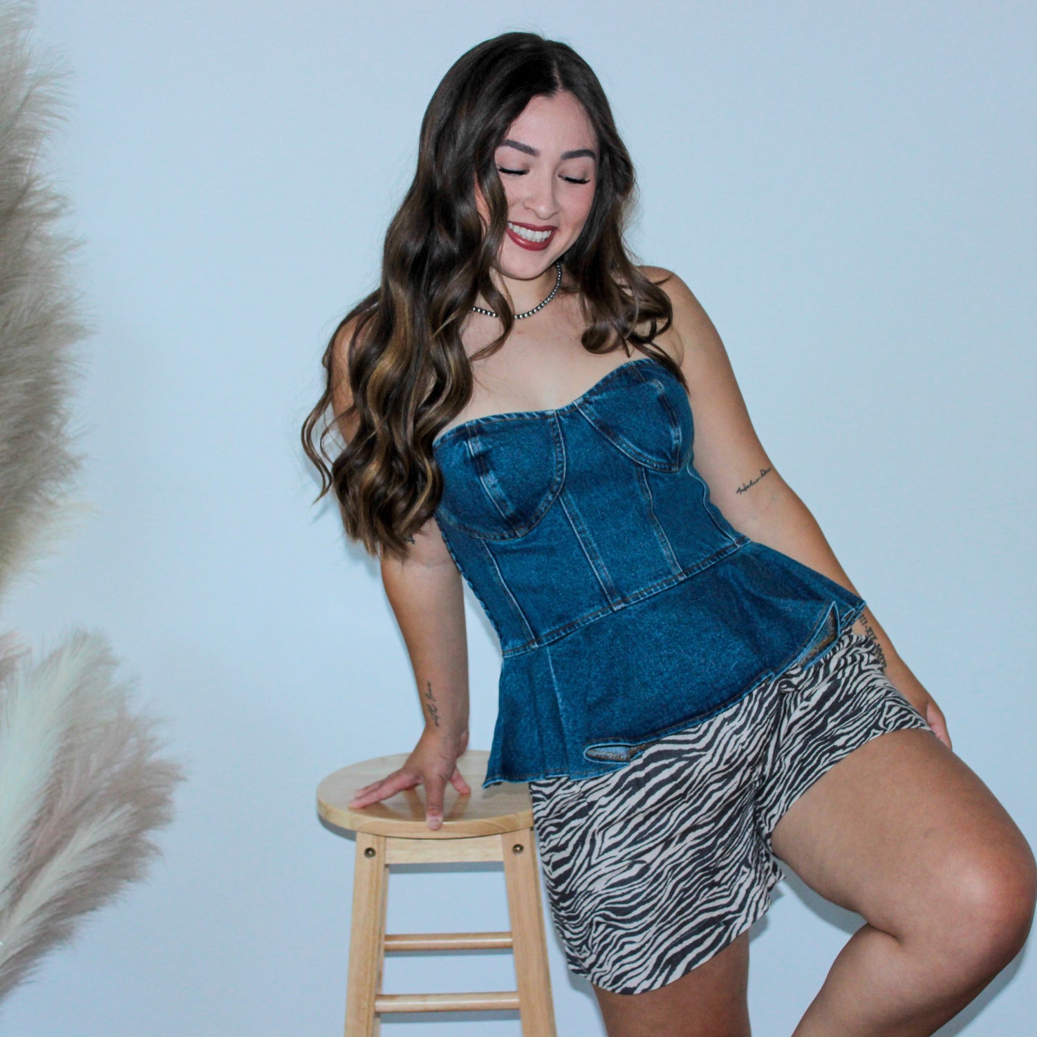 Denim Strapless Peplum Top