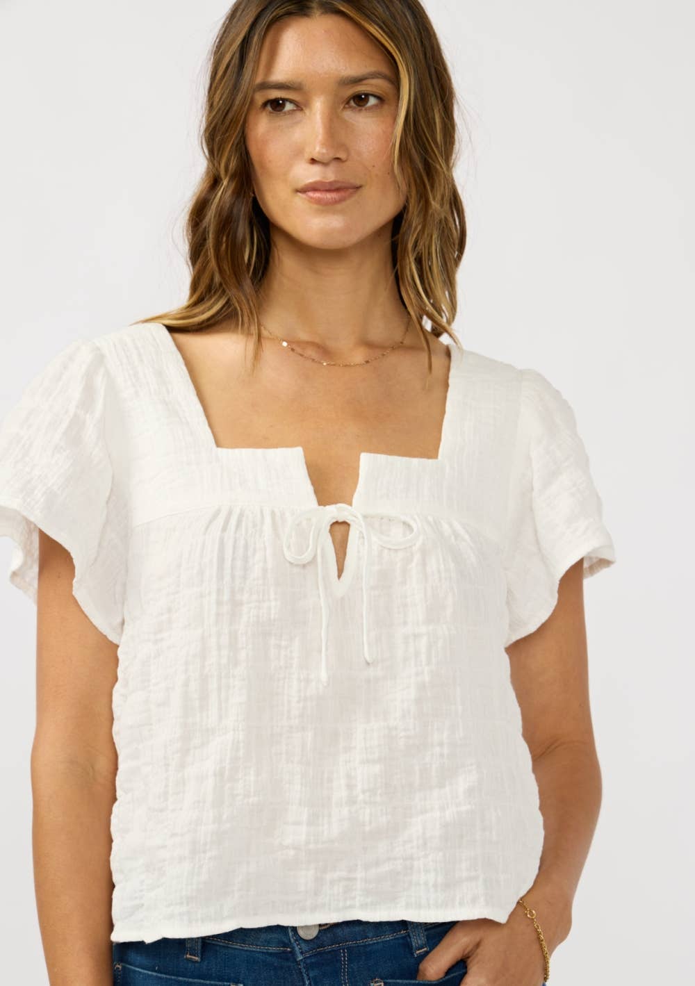 Square Neck Puff Sleeve Gauze Top